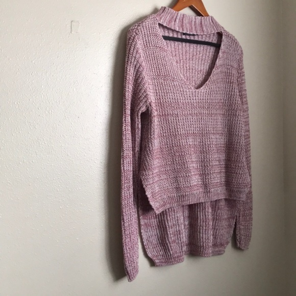 Boohoo Pink Marled Choker Neck Hi Low Sweater - Picture 3 of 7